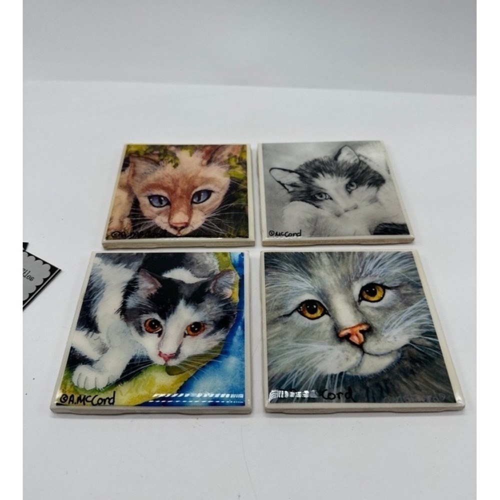 Cat Hand Painted Ceramic Coaster Tiles By Anita McCord